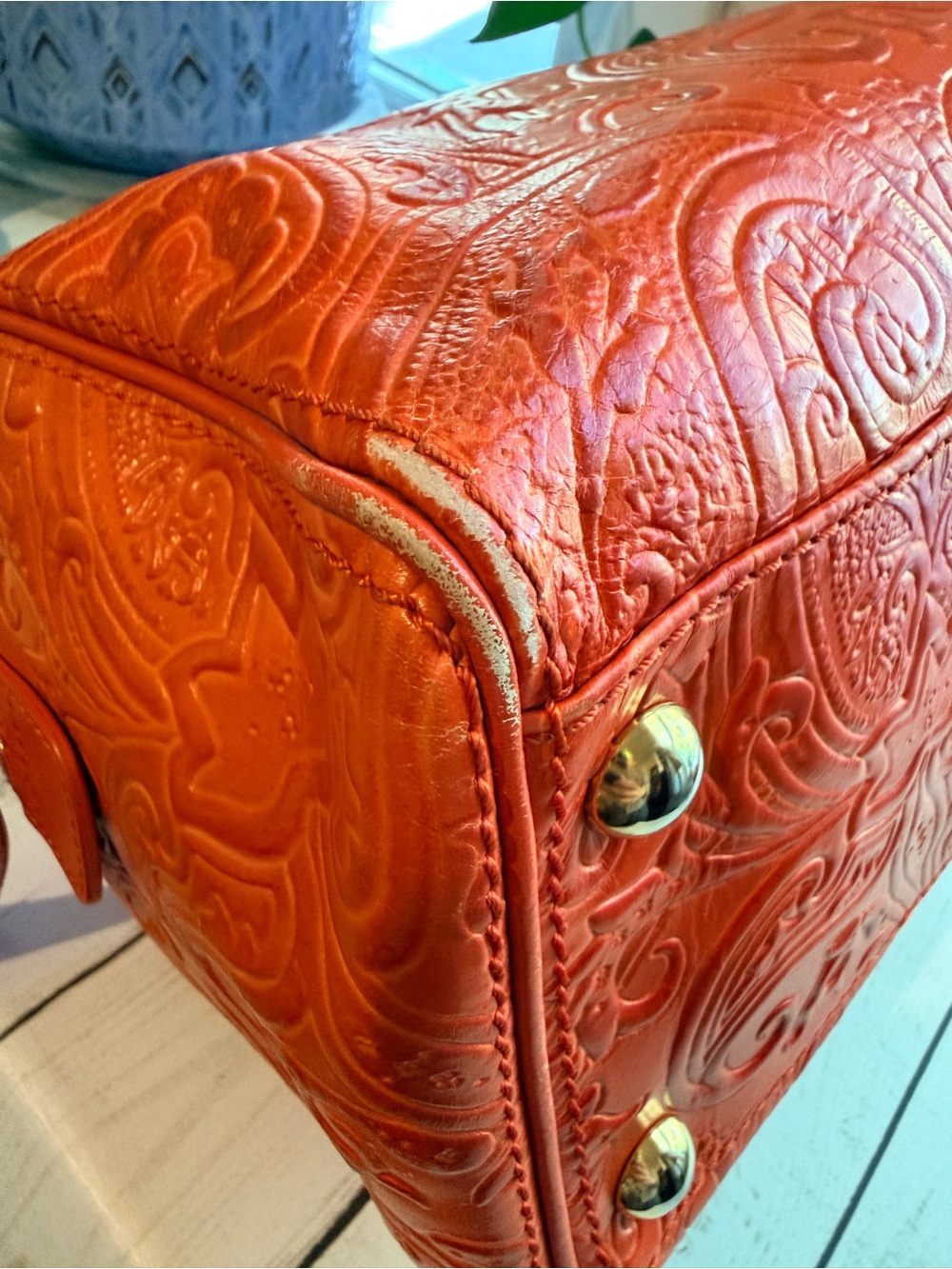 Etro Burnt Orange Paisley Embossed Leather Satchel Boston Bag - Picture 9 of 15